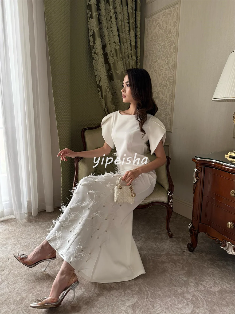 Abiti da cerimonia alla caviglia con scollo rotondo dritto in jersey di moda stile moderno personalizzato Abiti da cerimonia su misura Classici