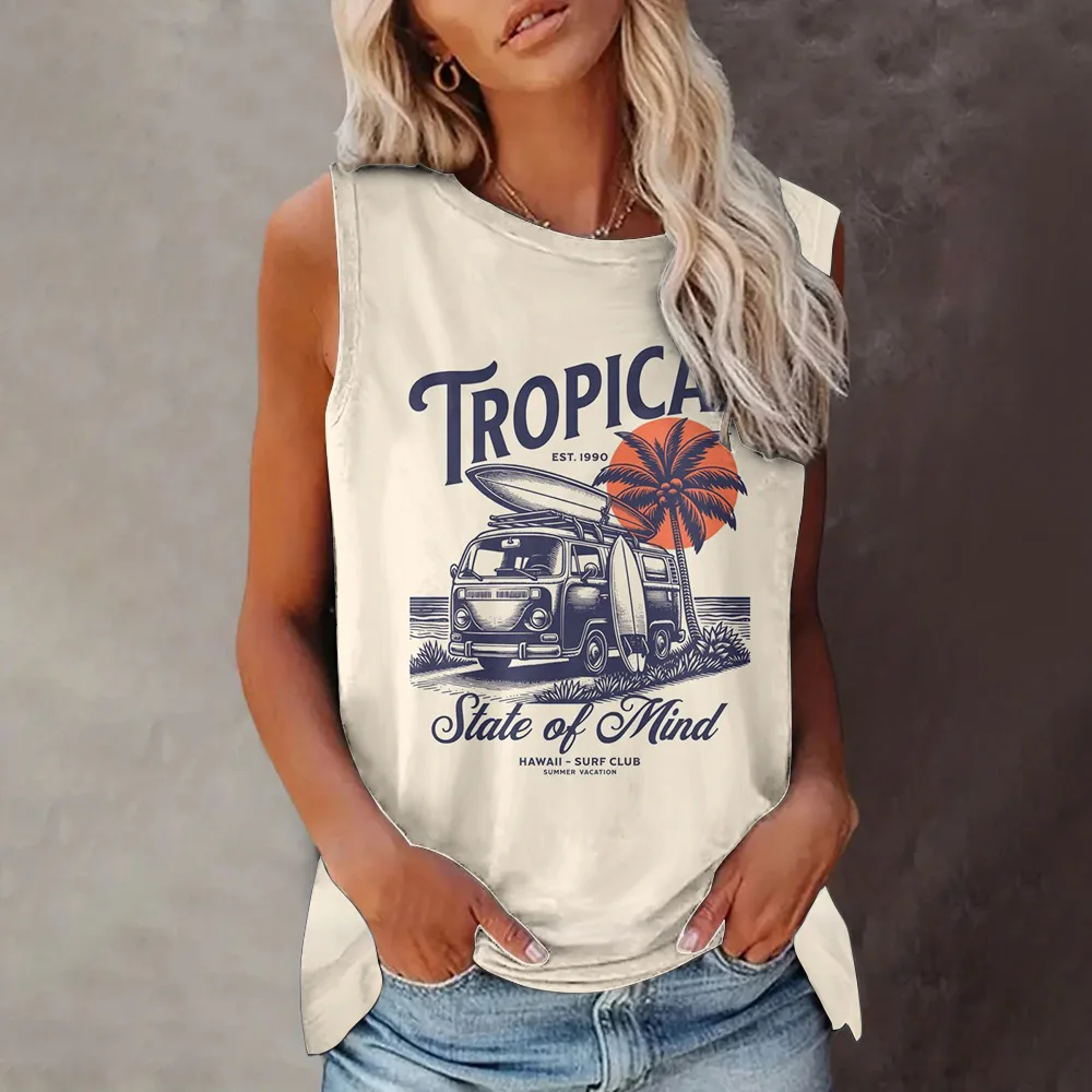 2024 Summer Daily Lightweight Sleeveless O-neck Top For Casual Beach Vacation Hawaii Style Printed Oversized Women's Tank Top