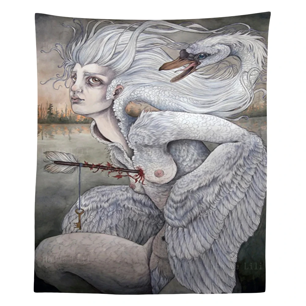 Contemporary Mythology The Swan Girl  Dodo Woman And Birds Surreal Tapestry By Ho Me Lili For Livingroom Wall Decor