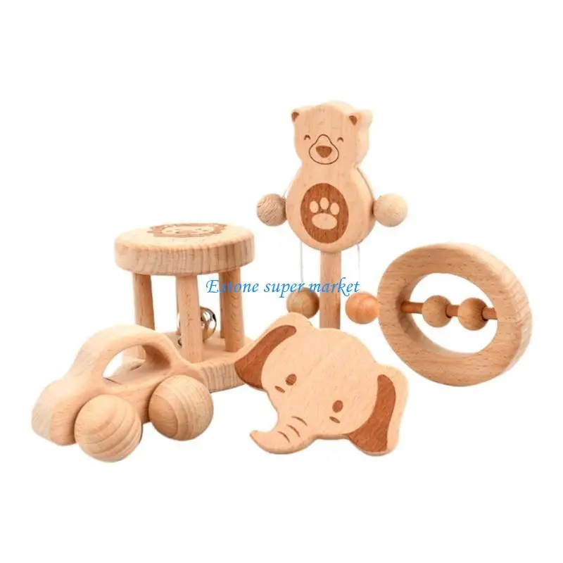 090B 5 pezzi giocattolo per dentizione del bambino giocattolo lenitivo in legno giocattolo sensoriale per bambini 3-12