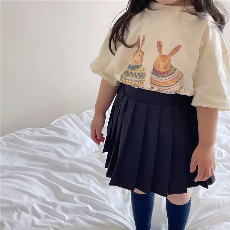 Kids Clothes 2022 Summer Children Short Sleeve Korean Rabbit Flower Print T-Shirt Baby Cute Half Sleeve Round Neck Top