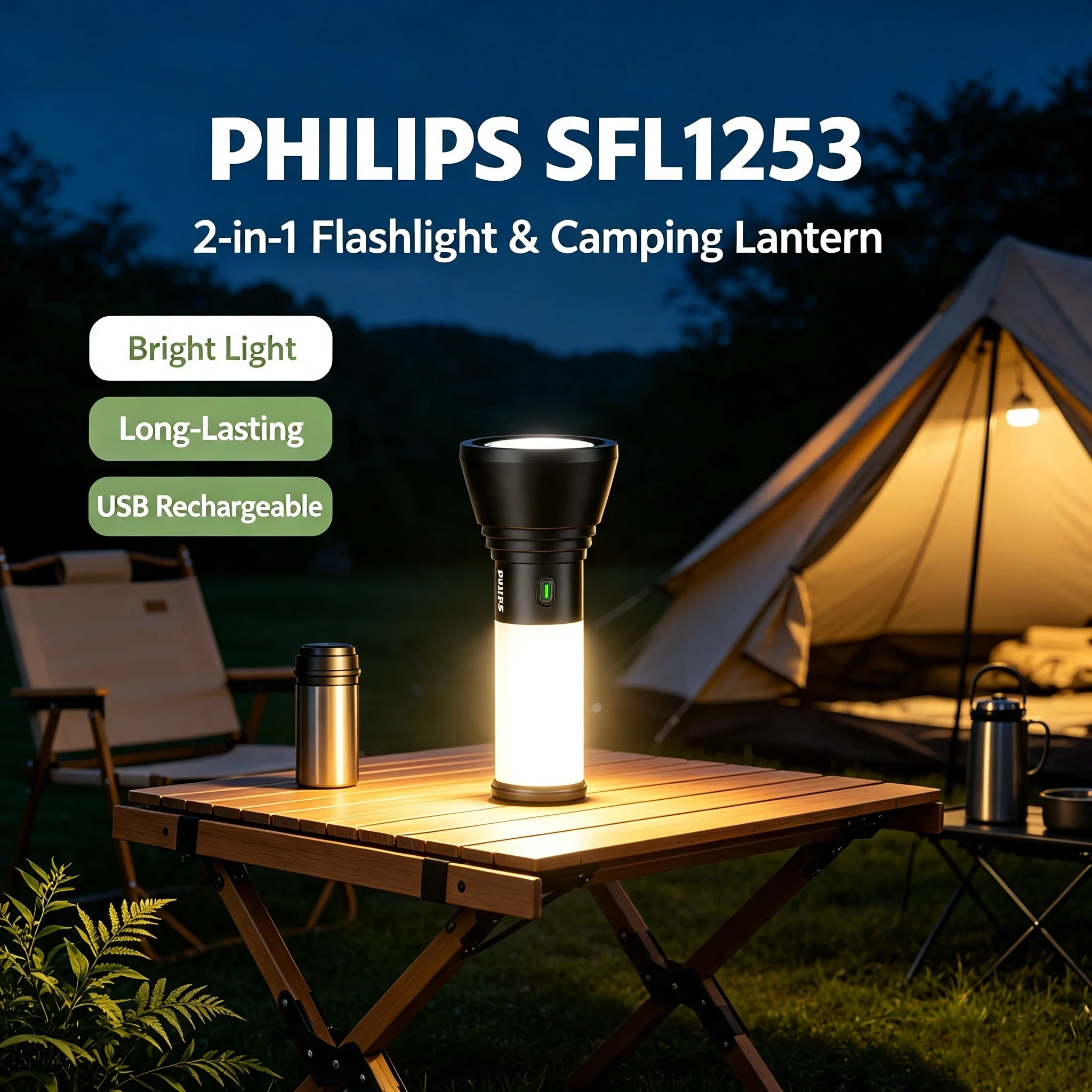 Philips SFL1253 LED Flashlight Rechargeable, Long Focus Portable Camping, Mountaineering, Fishing Light, Home Emergency Lighting