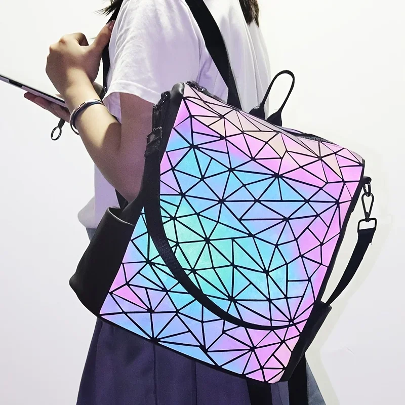 Fashion Women\'s luminous Backpack PVC holographic geometric School Bags For Teenage Girls mochila feminina travel Bagpack