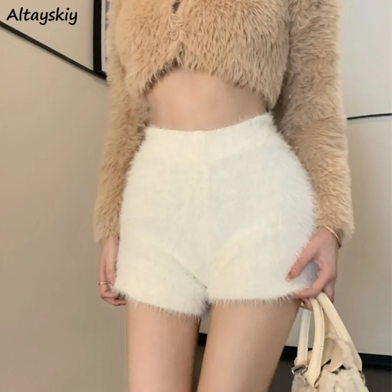 

Thicker Shorts Women Slim High Waist Fluffy Solid Korean Fashion Warm Autumn Winter Sexy Gentle All-match Stylish Female Chic