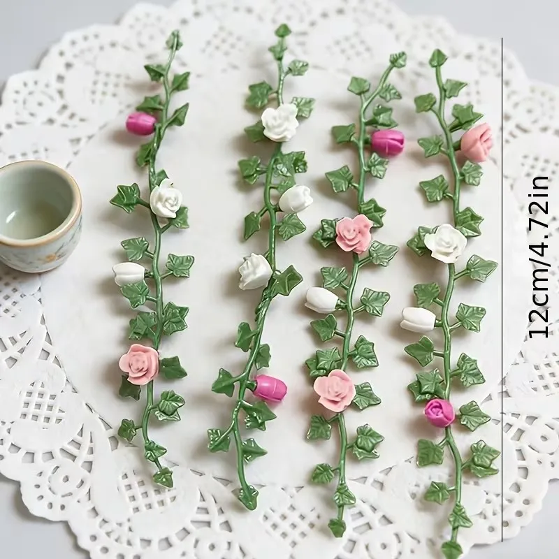 Decorative Artificial Flower Vine Miniature Rose Flower Vine Mini Desktop Display Model Green Plant Scene Prop Home Garden Decor