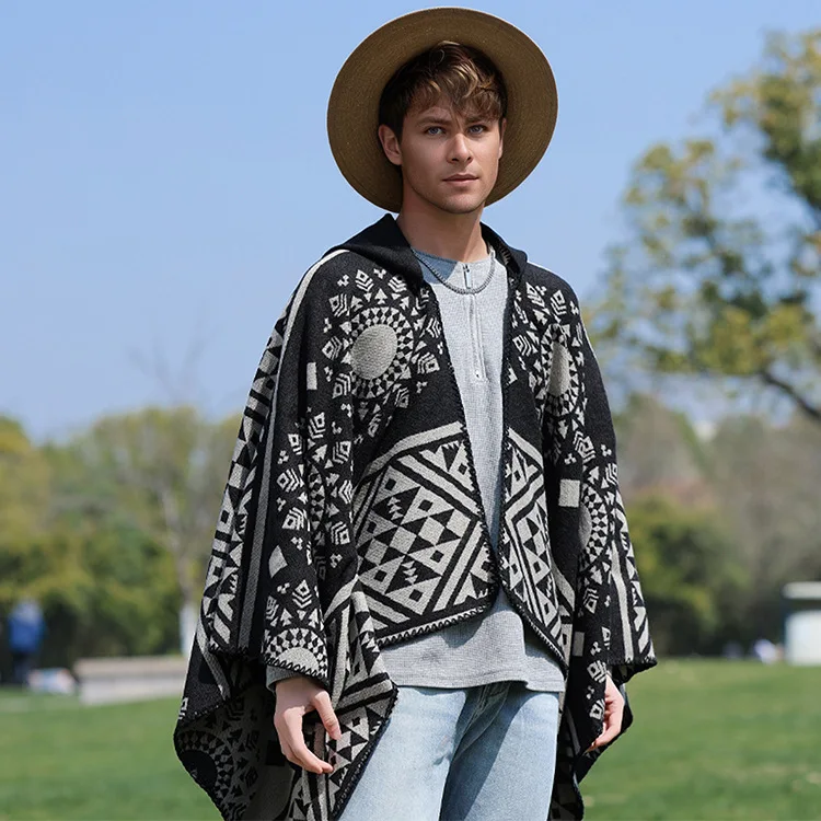 Autumn and Winter New Hooded Cape Shawl Warm Men's Hot Selling Split Cape Travel Driving Multi-purpose Poncho Cloak P6
