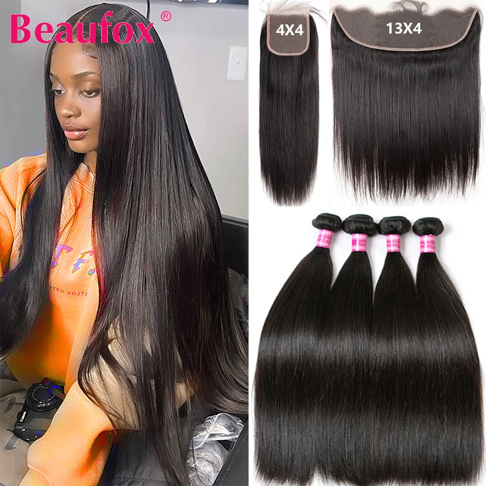 Beaufox 30 inch Long Straight Bundles With Frontal Closure Indian Human Hair 3 Bundles With Closure Remy Hair Weave Extension