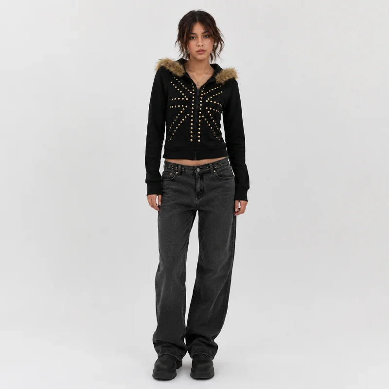 Women's Hoodies and Sweatshirts Faux Fur Trim Zip Up Hoodie Studded Long Sleeve Y2K Black Gray Winter Streetwear Jacket