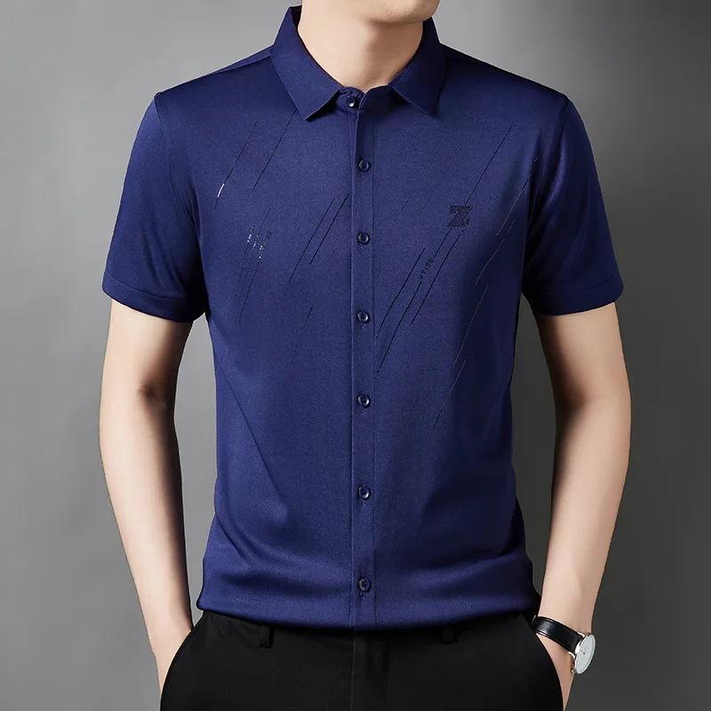 2025 New Short Sleeve Mens Shirts Ice Silk Rayon Wrinkle Free Stretch Business Casual Solid Color Summer Men Dress Shirt