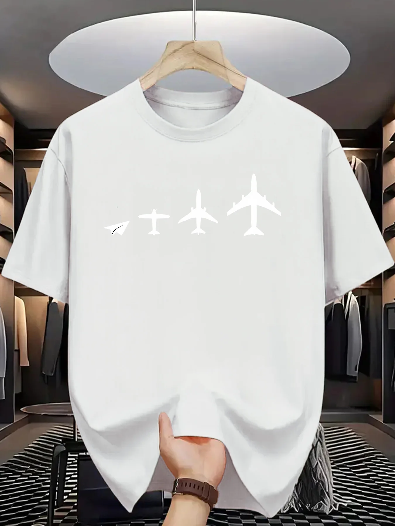 Plane Evolution Print Men Short Sleeve Tshirt Paper Plane Aircraft Silhouette O Neck Tee Aviation Theme Male Street Fashion Tops