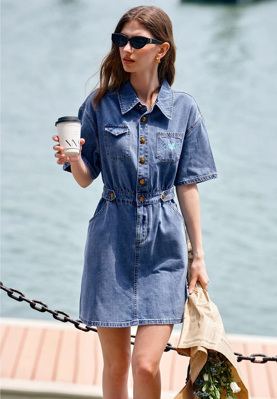 

OLrain Women's Denim Dresses 2025 French Fashion ‌Lady Embroidery Short Sleeve Denim Shirt Dress Woman Summer Clothes O57XL81535