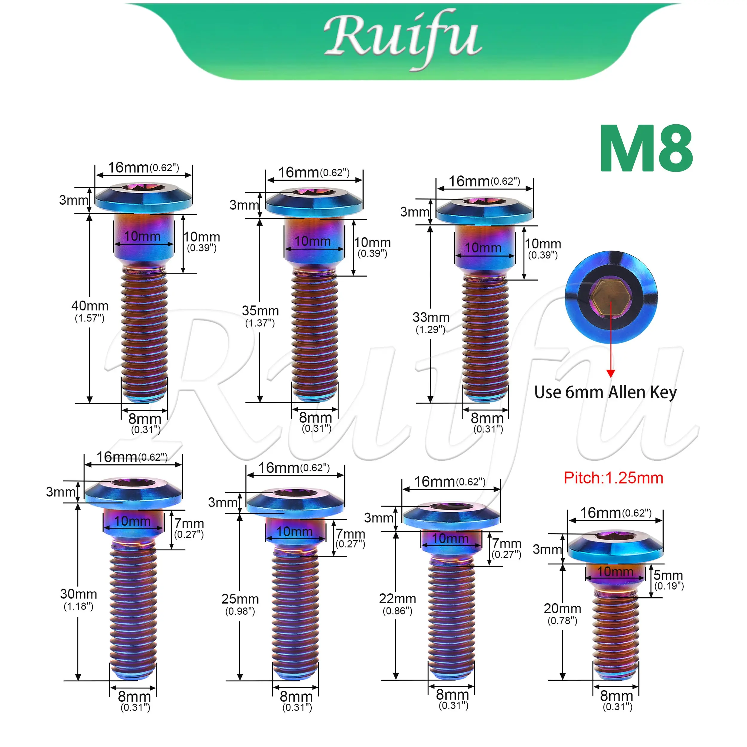 Ruifu Titanium Bolt  6PCS M8x20 22 25 30 33 35 40mm Bolt Screws Hex Socket Head for Suzuki Yamaha Disc Brake Rotor Bolts