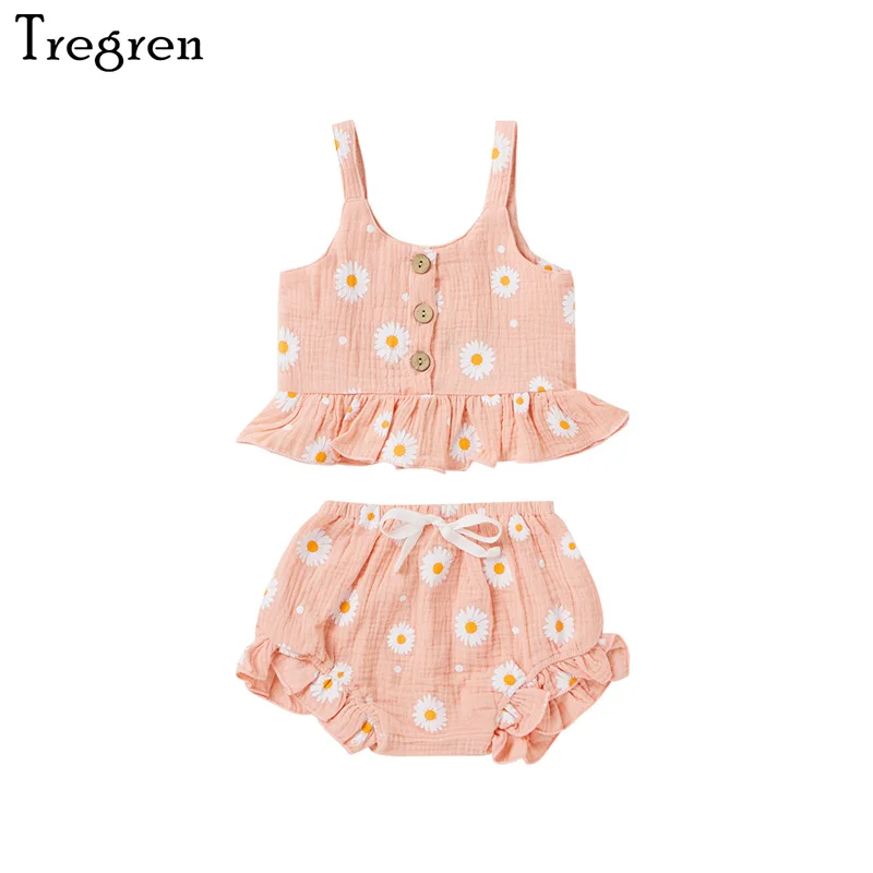 

Tregren 1-5Years Cute Newborn Baby Girls Outfits Daisy Flower Printed Sleeveless Tops PP Shorts Kids 2pcs Summer Clothes Sets