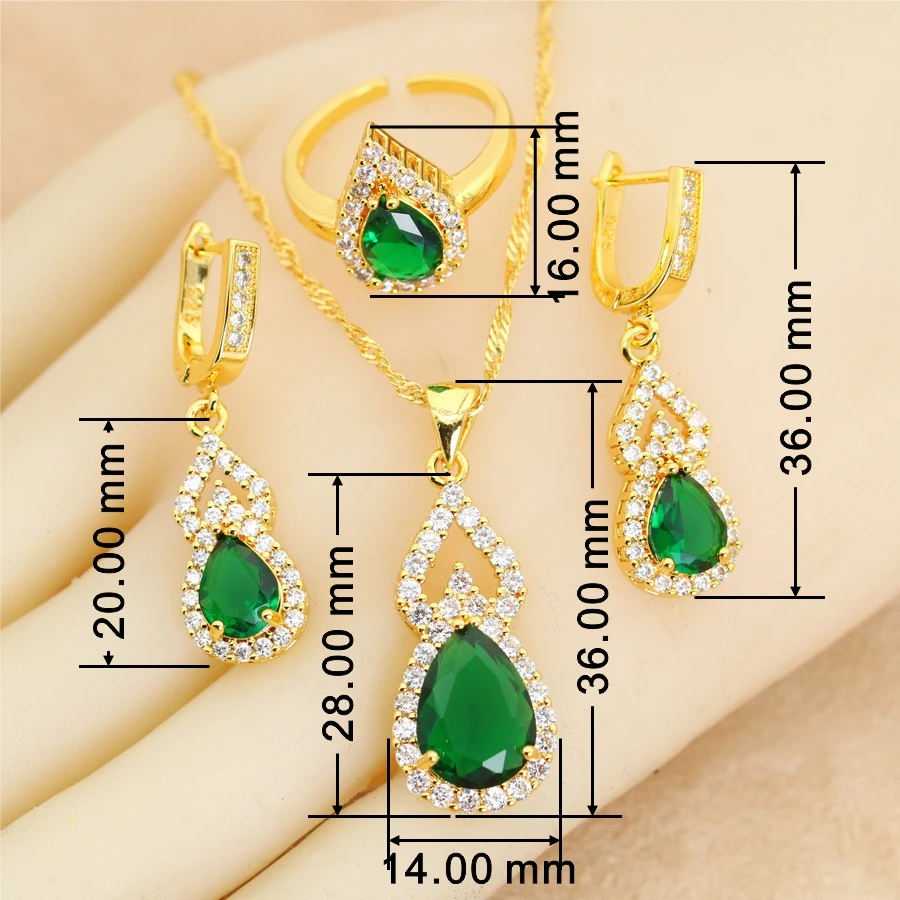 18k Gold Plated Bridal Jewelry Sets for Women Water Drop Green Crystal Earrings Necklace Pendant Open Ring Wedding Gift