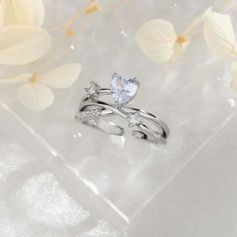 

925 Sterling Silver Love Heart Zircon Geometric Cross Surround Opening Ring for Women Fine Jewelry Minimalist Accessories
