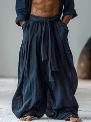 Ethnic Vestidos Casual Cotton And Linen Wide Leg Pants Men's Solid Color Comfortable And Trendy Pleated Pants Men's Outfits New