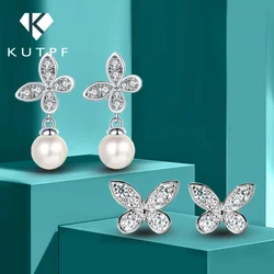 Butterfly Moissanite Diamond Drop Earrings with 8mm Freshwater Pearl 925 Sterling Silver Stud Earring for Women Fine Jewelry