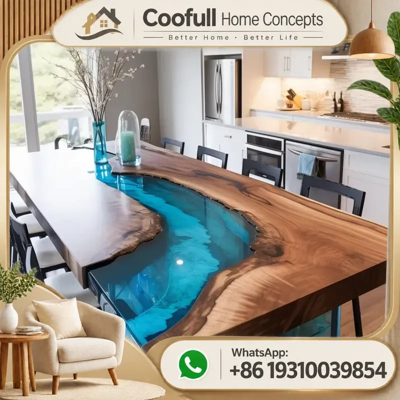 Custom Solid Wood Blue Epoxy River Live Edge Countertop Kitchen Island Vanity Table Top Natural Slab Furniture