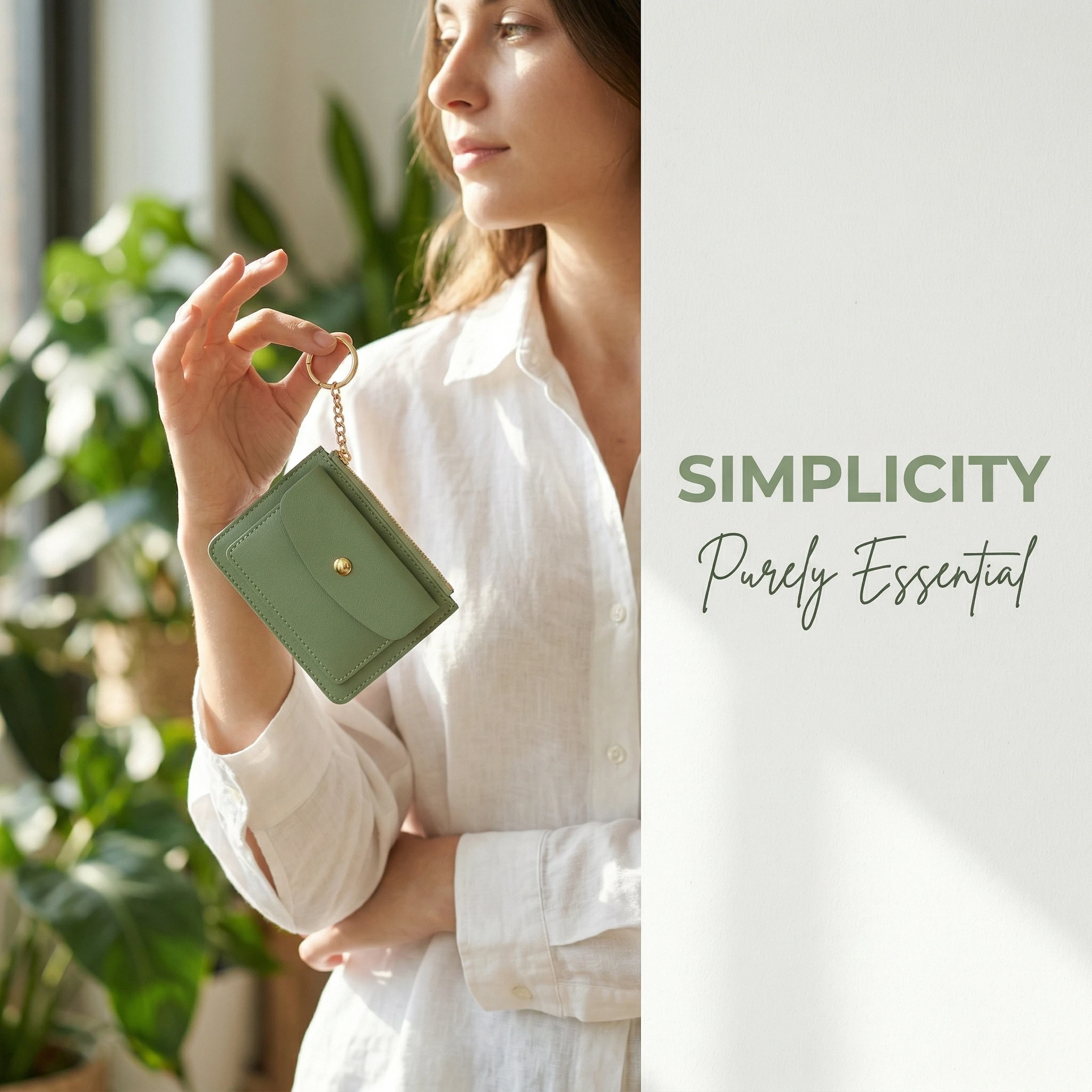 Slim Green PU Leather Slim Wallet for Women Card Holder Keychain Zipper for Gift Mini Coin Purse Button Closure with Window Card view 2