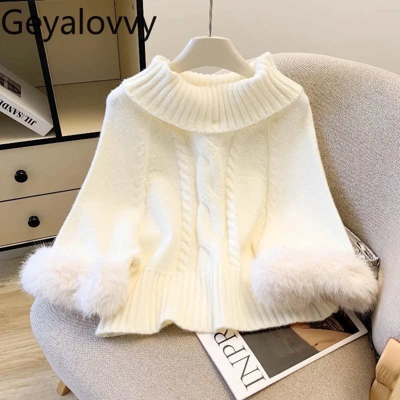 

Casual Sweet High Neck Furry Batwing Sleeve Cable Knit Sweater for Women Autumn Winter Elegant Versatile Loose Slimming Pullover