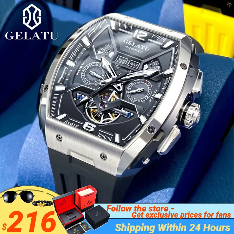 

GELATU 6013 Original Wristwatch for Men Multifunction Chronograph Skeleton Waterproof Silicone Strap Automatic Mechanical Watche