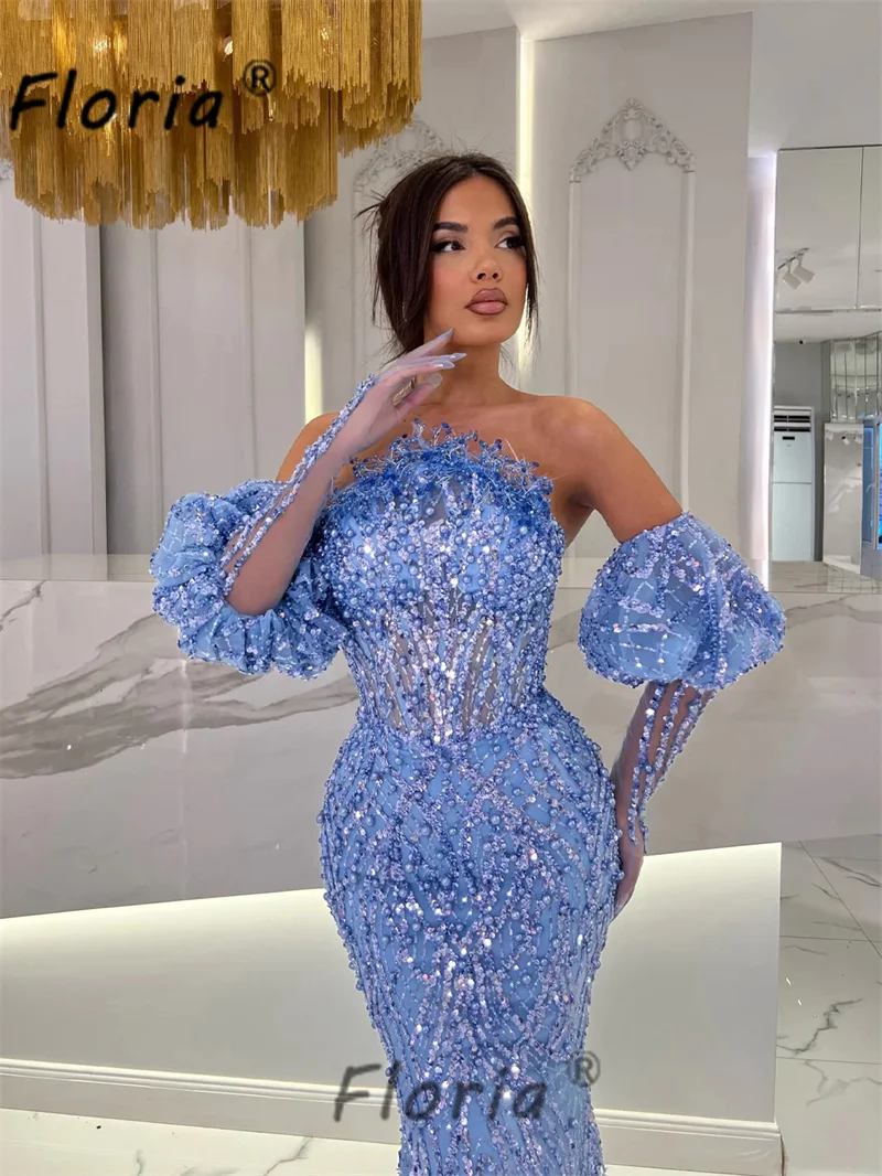 Sexy Blue Puff Sleeve Mermaid Evening Dresses Woman Strapless Elegant Party Dress 2024 Pearls Sequin Appliques Fashion Formal