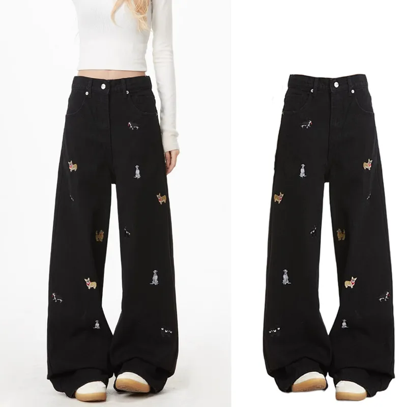 하이웨이스트 와이드 레그 팬츠 여성 디자인 봄 여름 신상 슬림핏 자수 강아지 루즈핏 슬리밍 플로어 길이 청바지