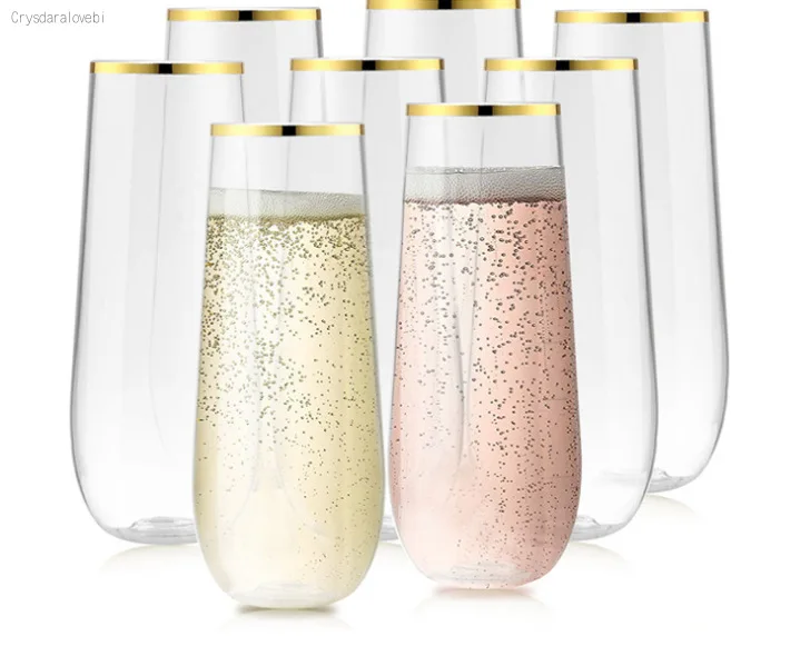 48/24pcs Plastic Champagne Flutes 9 Oz Stemless Disposable Gold Rim Toasting Glasses Crystal Clear Cocktail Cups Drinkware