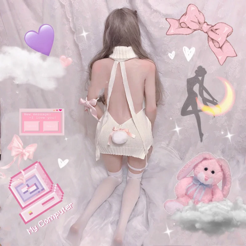 2025 New Sweet Girl Crochet Turtleneck Hollow Out Off Shoulder Virgin Killer Pullover Japanese Knitted Sexy Backless Women s1d2g