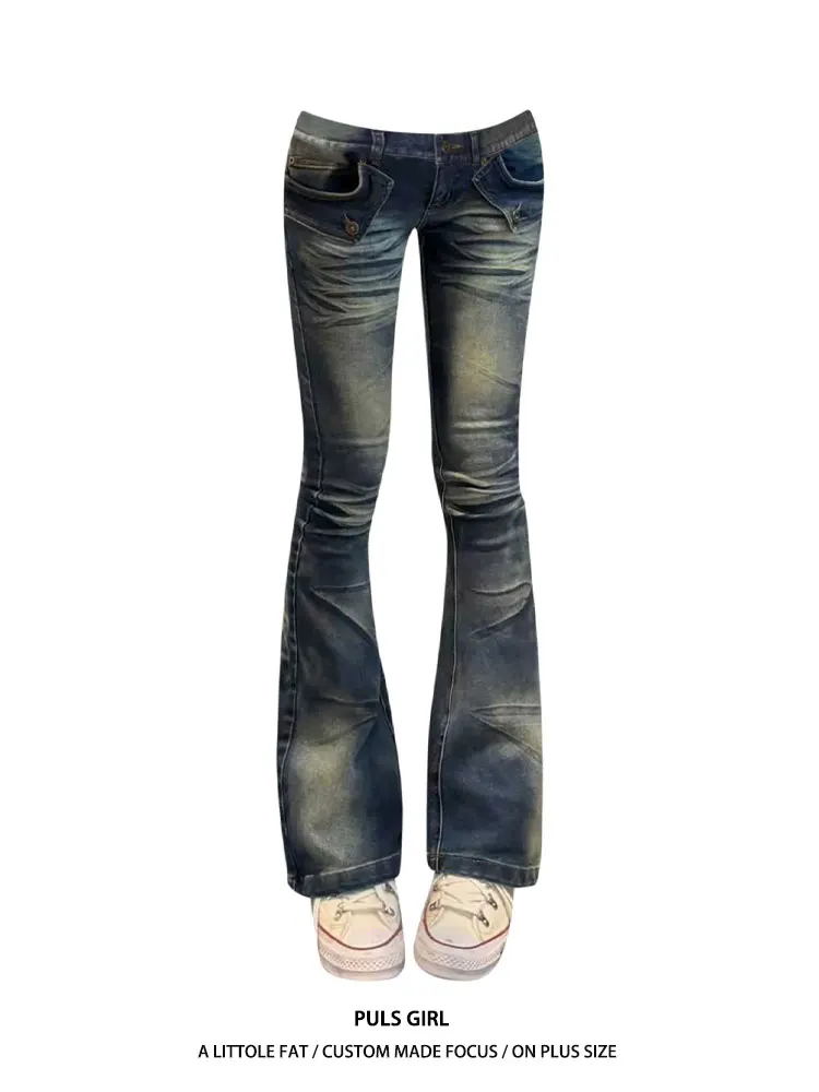 

Женские джинсы-клеш с низкой талией, облегающие, с эффектом потертости, больших размеров, в ретро-стиле, повседневные, весенняя новинка