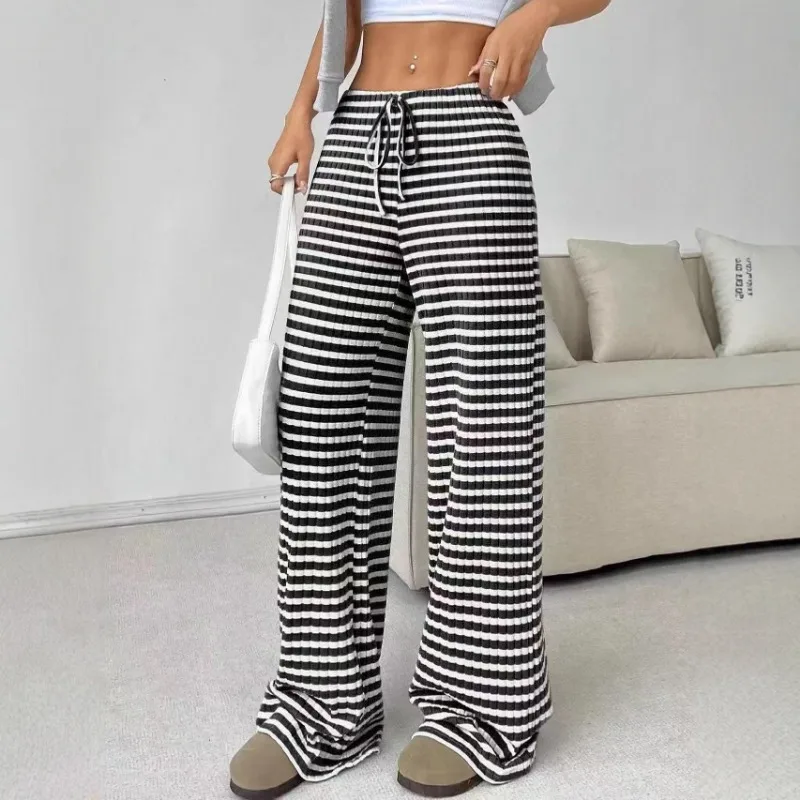 

Осень-зима 2025 г., европейско-американская мода, новые повседневные полосатые однотонные хлопковые прямые брюки с завязками