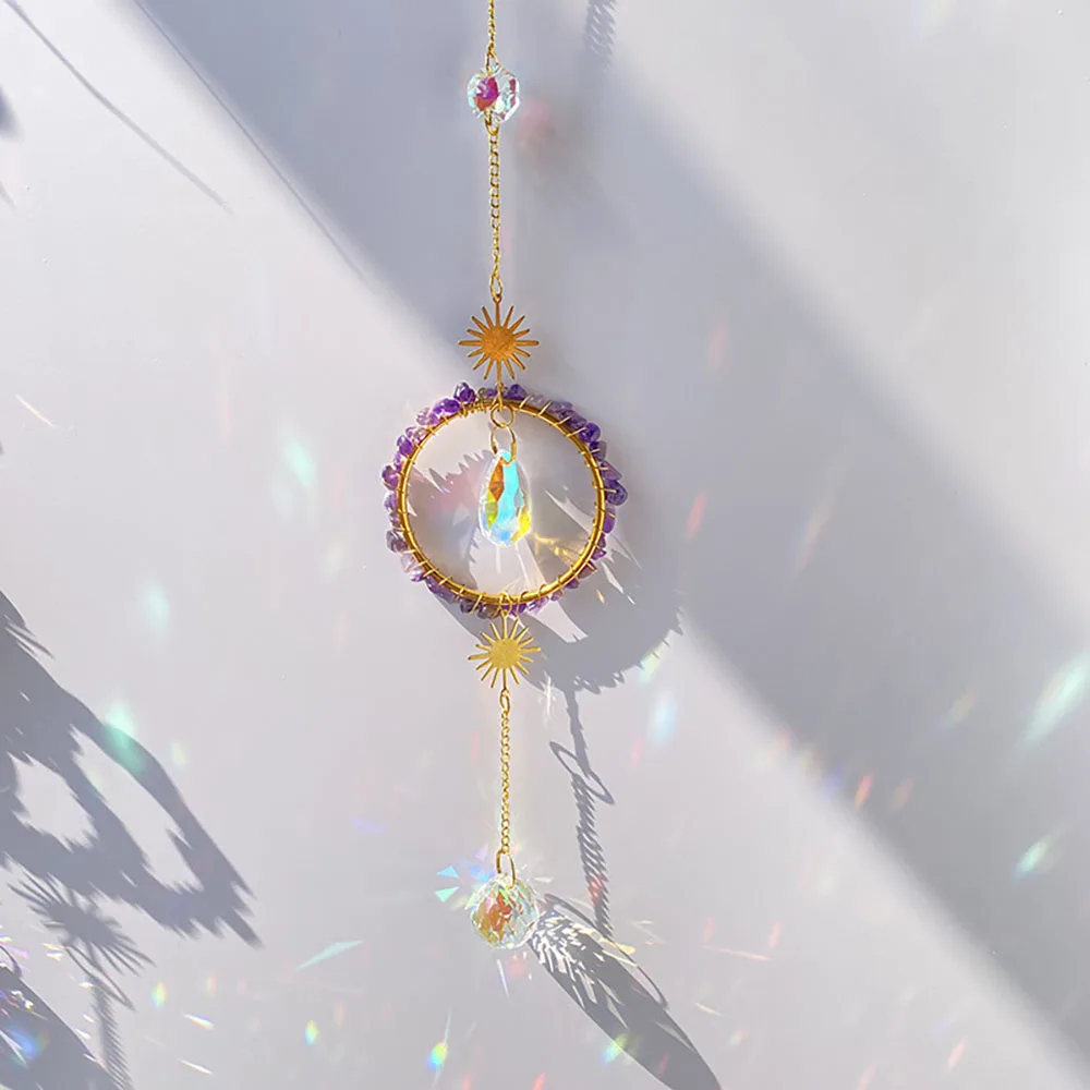 Custom Amethyst Chip Stone Ring Sun Catcher - Celestial Sun & Double Prism Pendants Hanging Ornament for Home Window Decor
