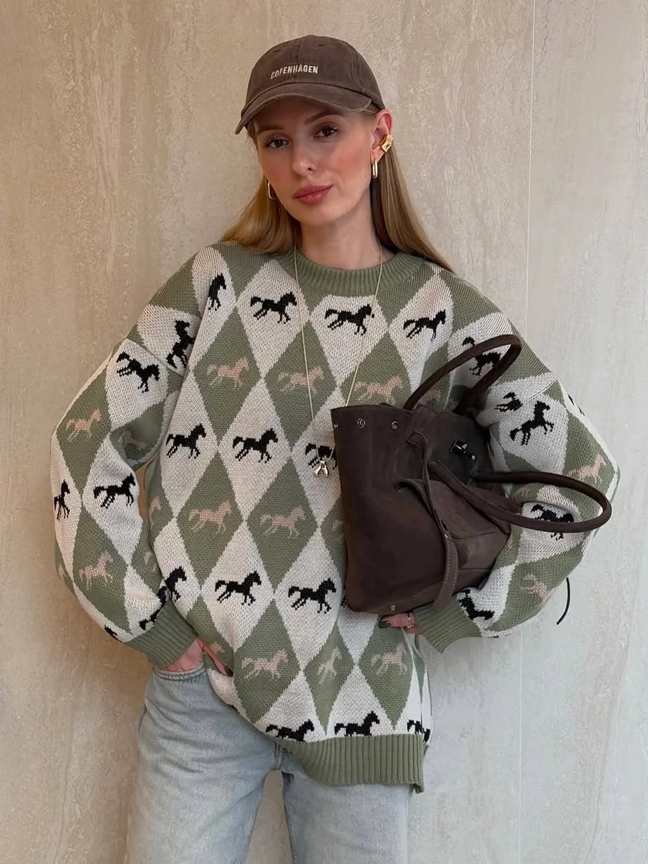 

Женский свитер с принтом, вязаный пуловер, женская одежда, свитера с круглым вырезом, свободный крой, повседневный наряд, весенняя модная одежда