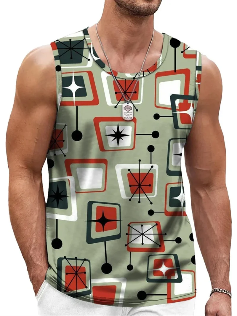 Men's Retro Geometric Print Round Neck Tank Top 3D Printed Irregular Colorful Vest Summer Oversize Casual Streetwear Tops Ropa