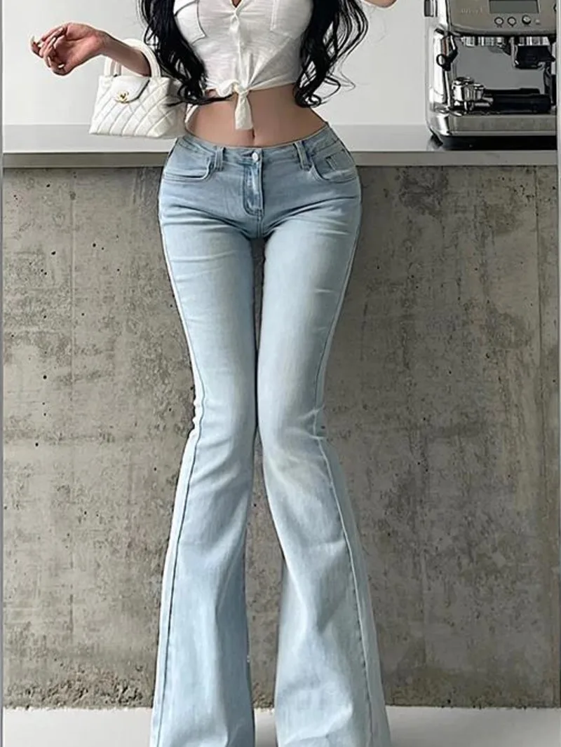 Korean Version Style Spicy Girl Low Waisted Slim Frayed Edges Jeans 2024 Autumn New Solid Color Casual Floor Length Pants AFHT