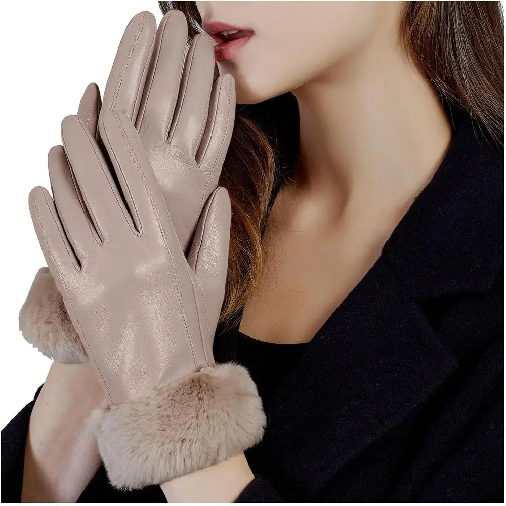 Women's Rabbit Fur Cuff Leather Gloves with Touchscreen for Warm Winter Driving in Multicolor