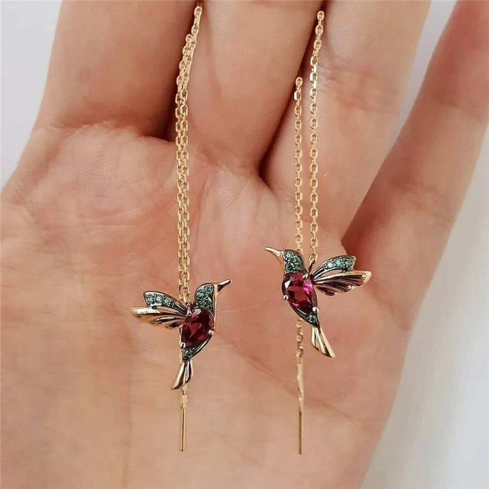 Gold Color Metal Hummingbird Red CZ Long Irregular Tassel Earrings for Women Green Stone Red Wing Spreading Drop Earring Jewelry