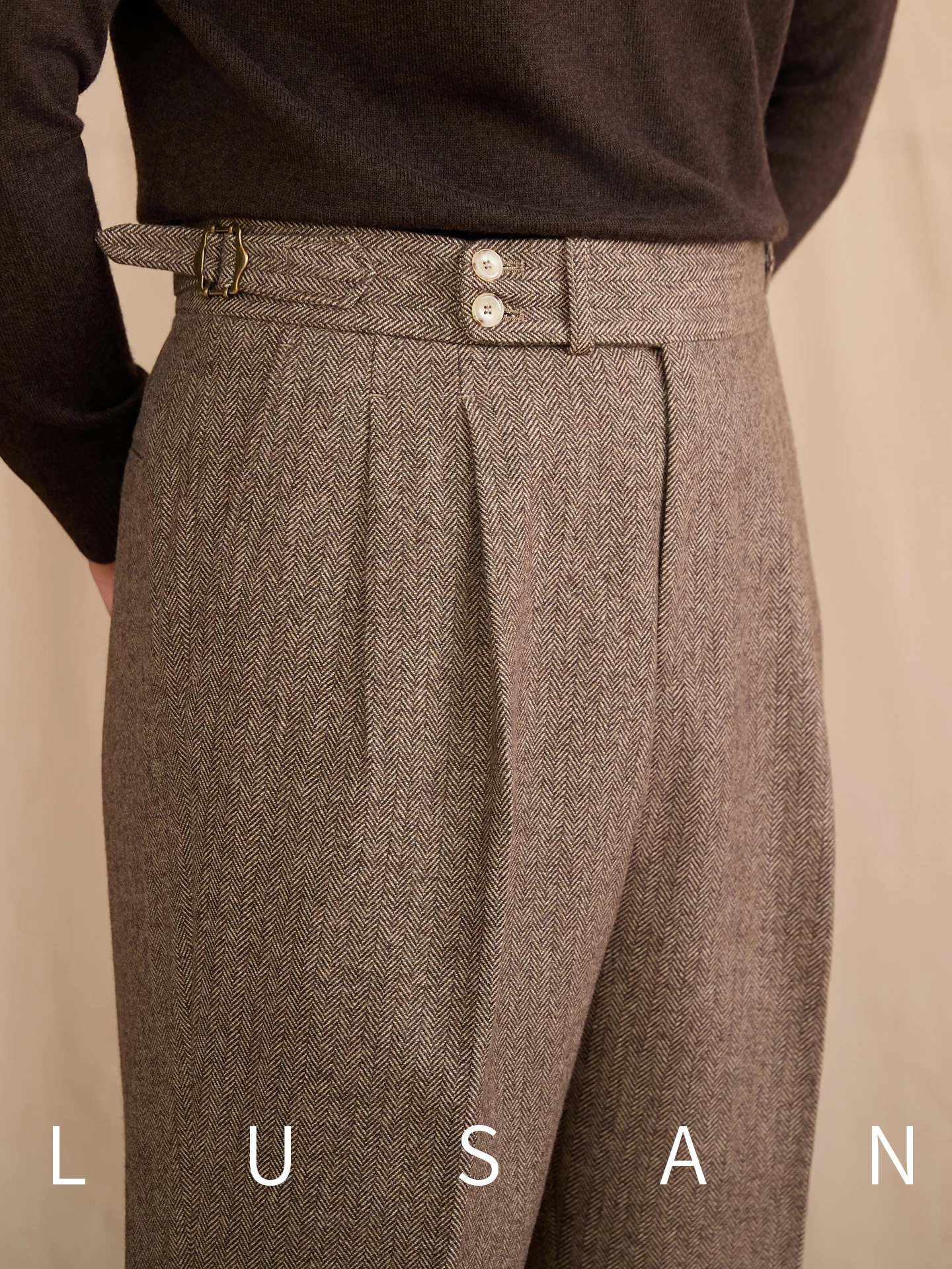 

Retro British Neapolitan High-Waisted Straight-Leg Wool Trousers Autumn Winter Warm Casual Herb-Patterned Pants