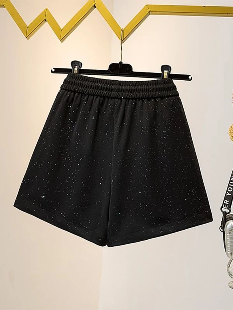 Women‘s High Waisted Elastic Waist Shorts Summer Star Rhinestone Casual Loose Fit Comfort Fashion Versatile Shorts 40-100kg