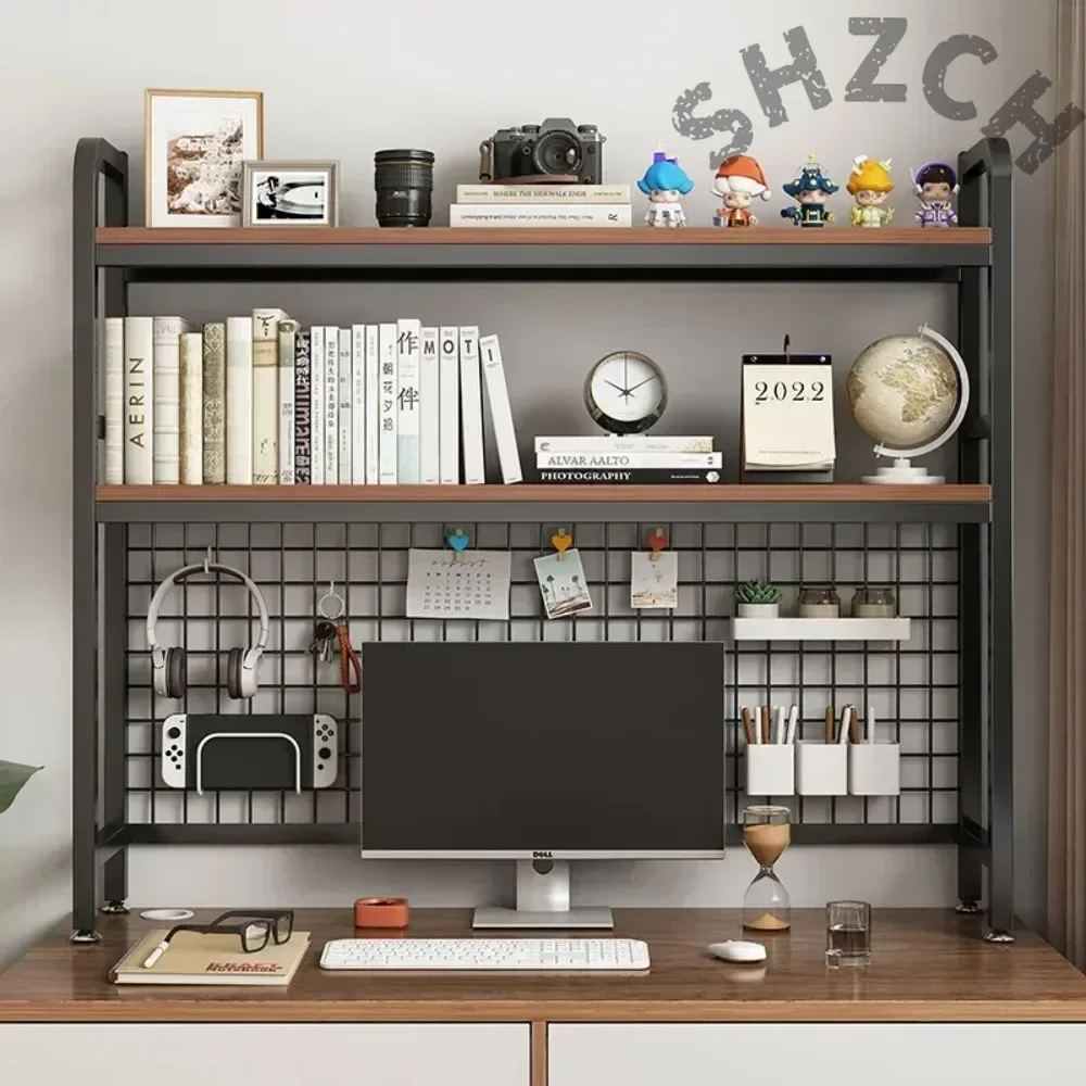 Grid Multi-layer Bookshelf, Large Capacity, Wrought Iron Shelf, Student Desk Combo, Desktop Bookcase Storage Rack