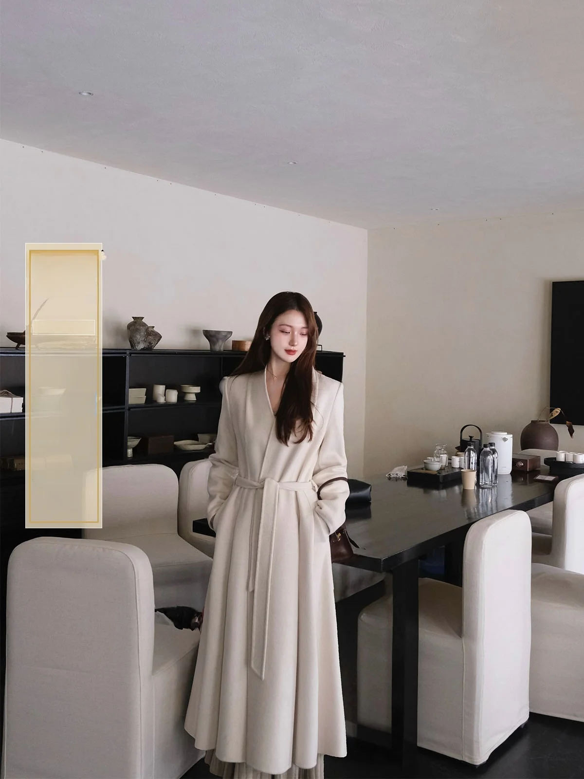 

Ele Double-Faced Woolen Coat V-Ne Slimming Long Design by Zhaouzhen Travel Casual Commute Daily Sle Wool Blend