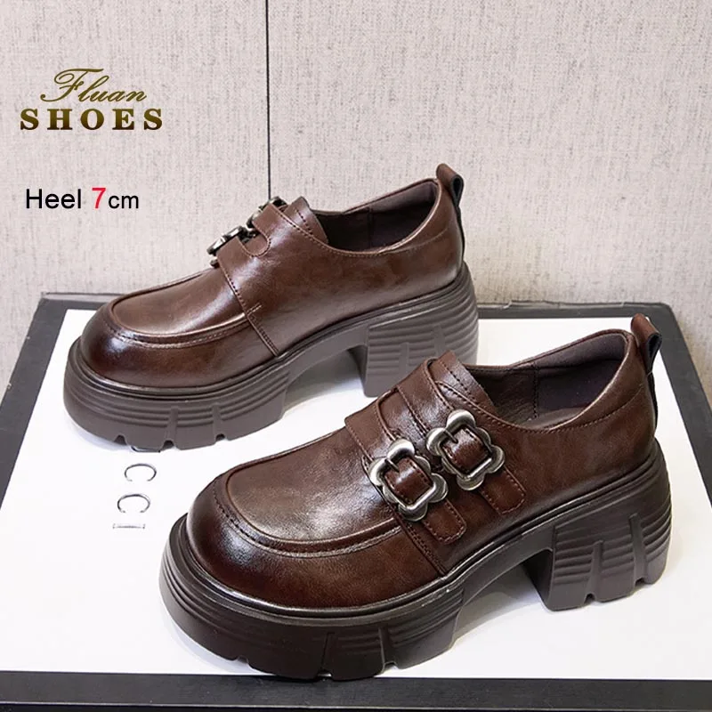 أسود بني منصة سميكة جلد طبيعي النساء أحذية عالية الكعب المتسكعون ربيع الخريف الرجعية تنوعا كعب خشن حذا فردي للسيدات