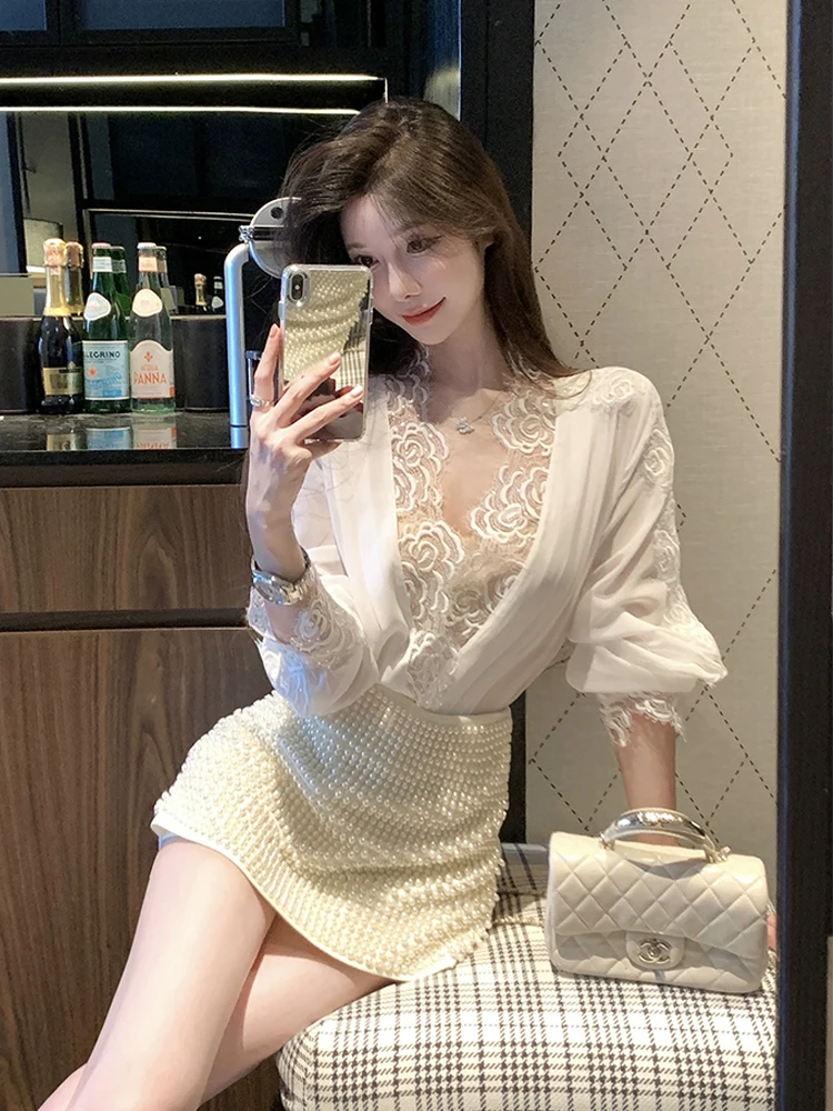 

Lace Splice irt And Skirt Set Women's Faion Spring Collection High Waist ort Pants round Ne Long Sve Car...