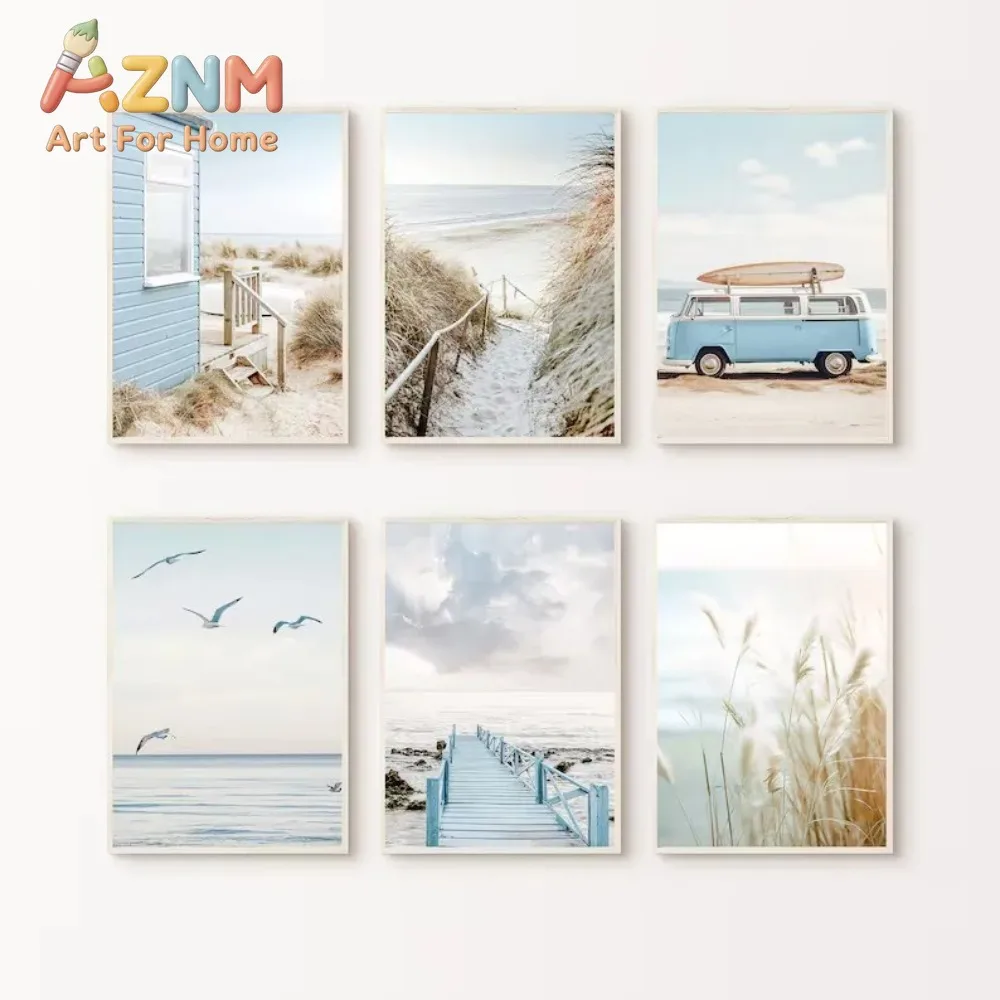 Nature Beach Sea Waves Coastal Pampass Grass Reed Sky Bus Photography Nordic Poster Canvas Printing Wall Home Decor