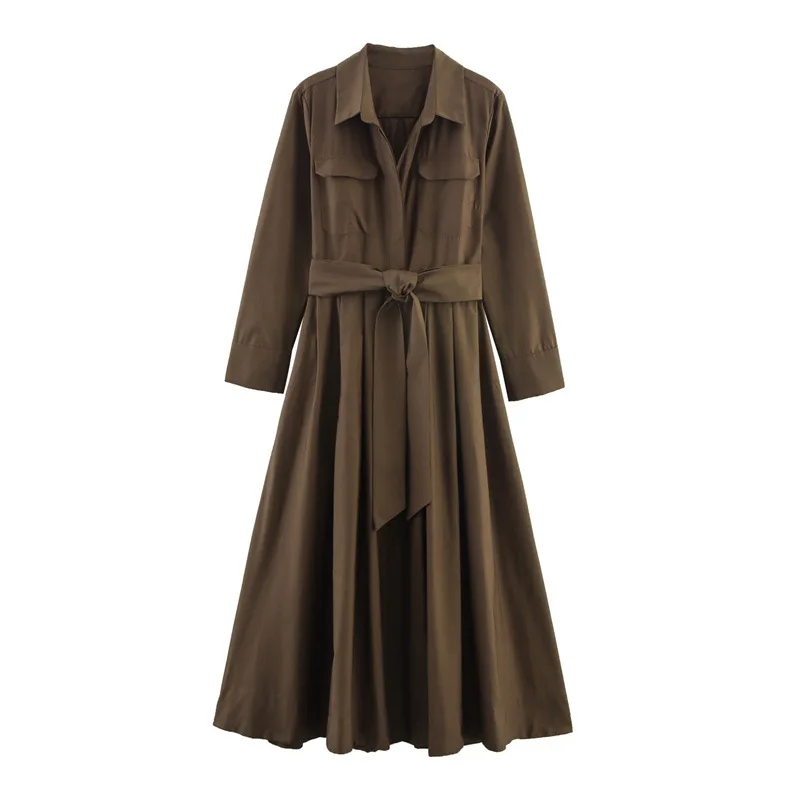 AW Elegant Pure Color Women Autumn With Belt Shirt Dress Long Sleeve Lapel Collar A-line Midi Dresses Casual Office Vestidos