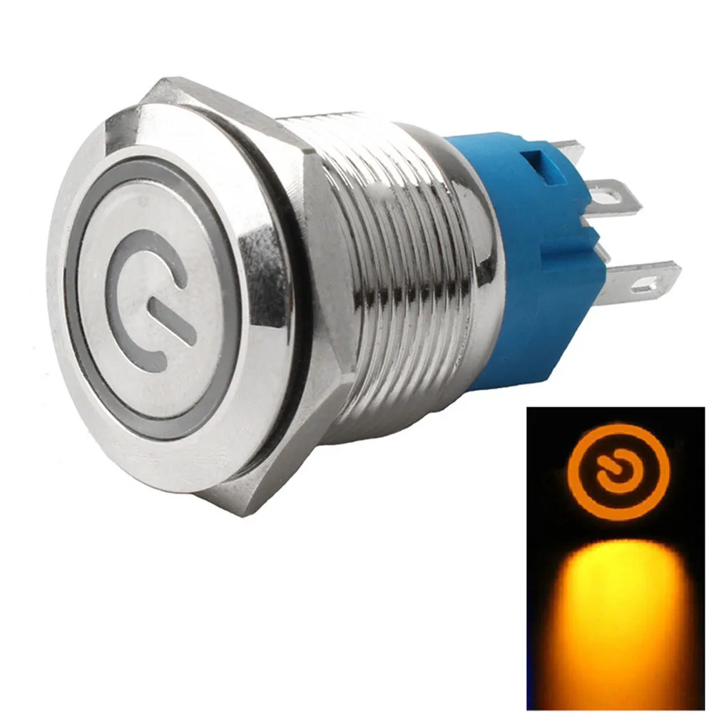 With Power Symbol 19mm Metal Push Button Switch With Power LED 12-24V Latching Button Switch IP66 Flat Head