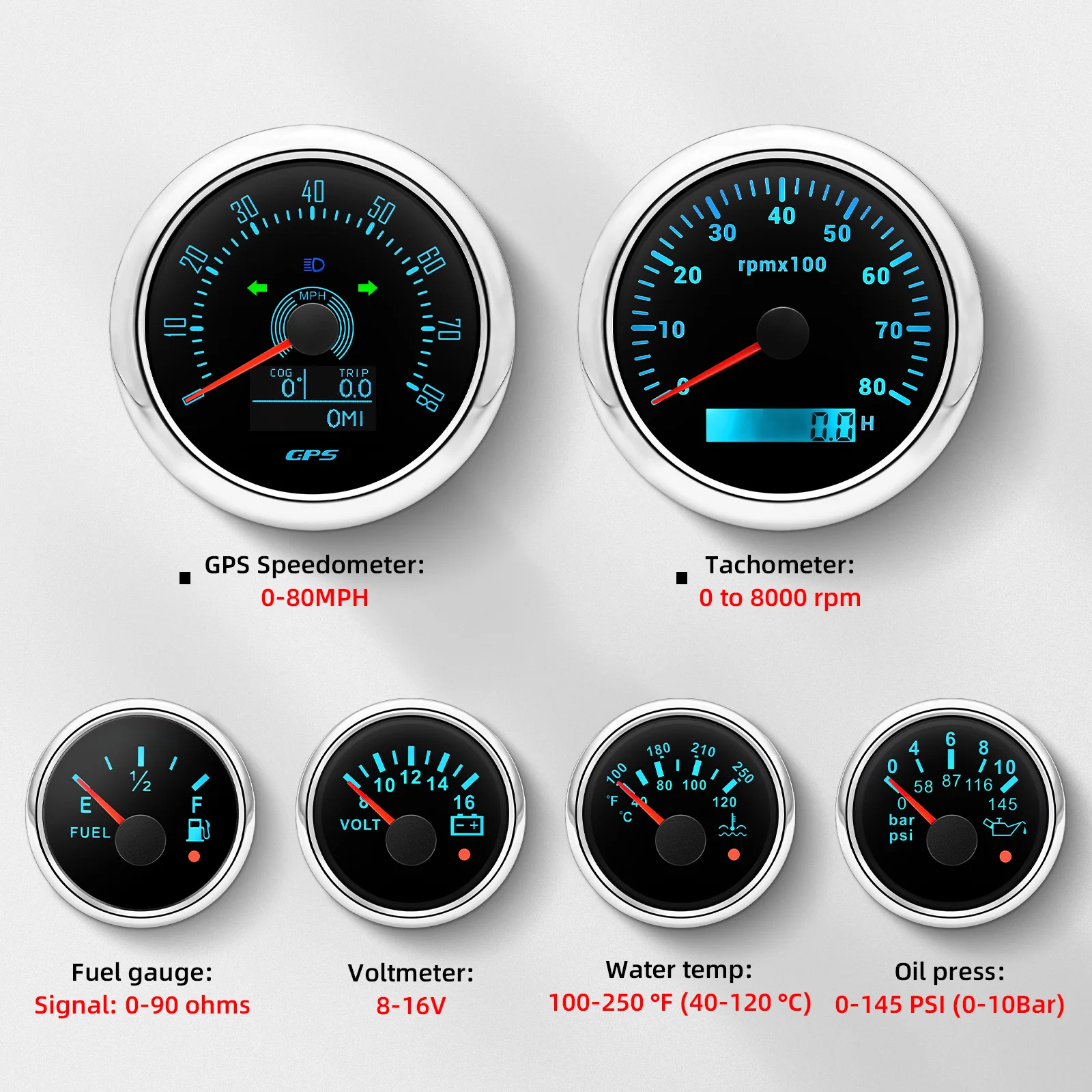 6 Gauge Set+Sensor GPS Speedometer Gauge Tachometer 52mm Fuel Level Gauge Water Temp Meter Oil Pressure Meter Voltage 12V24V