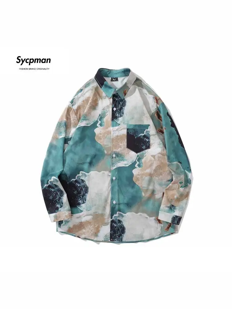 Sycpman Retro Irregular Tie Dye Printed Long Sleeve Shirts for Men and Women Autumn Loose Casual Hawaiian Style Shirt