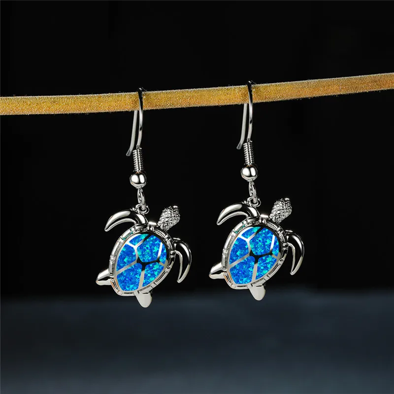 Cute Women Sea Turtle Long Drop Earrings Wedding Jewelry Accessories Fashion Blue Imitation Opal Pendant Earrings for Women