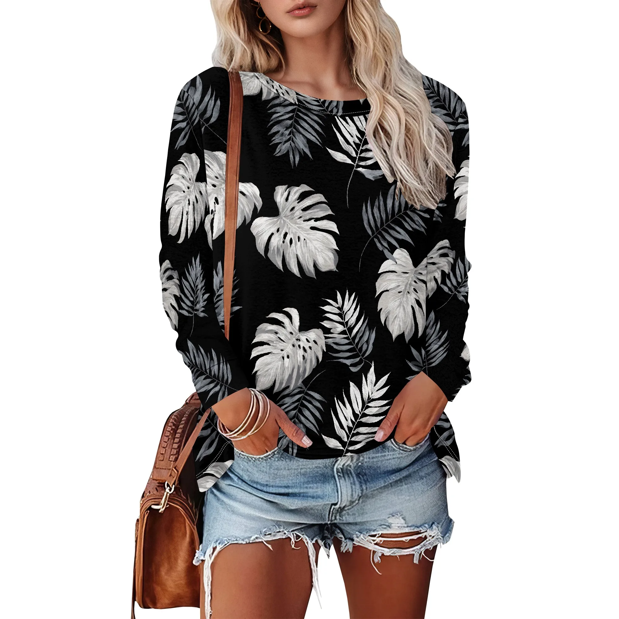Long Sleeve Shirts for Women 2025 Fall Fashion Basic Trendy Crew Neck Floral Printed Casual Tops